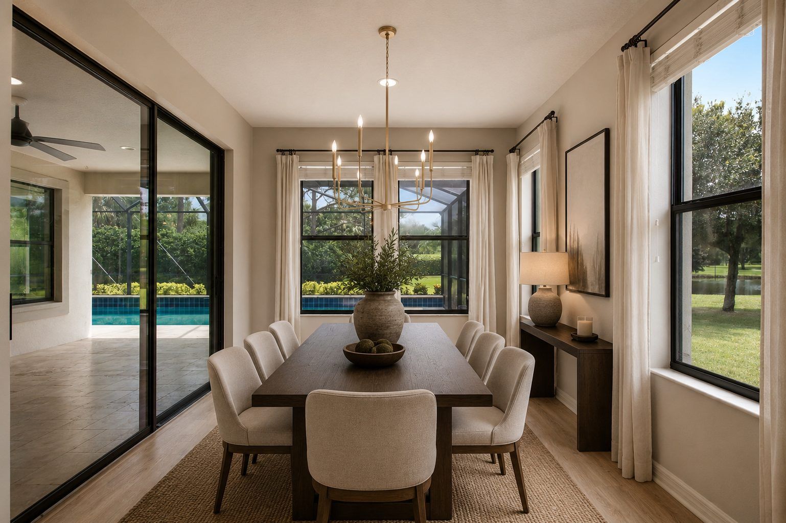 Dining room with pool view