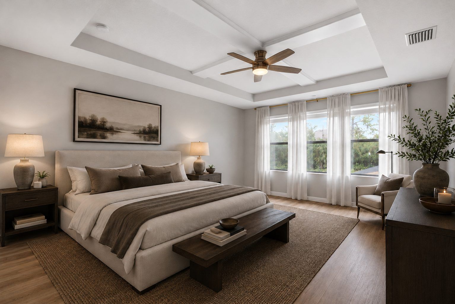 Primary bedroom with large windows